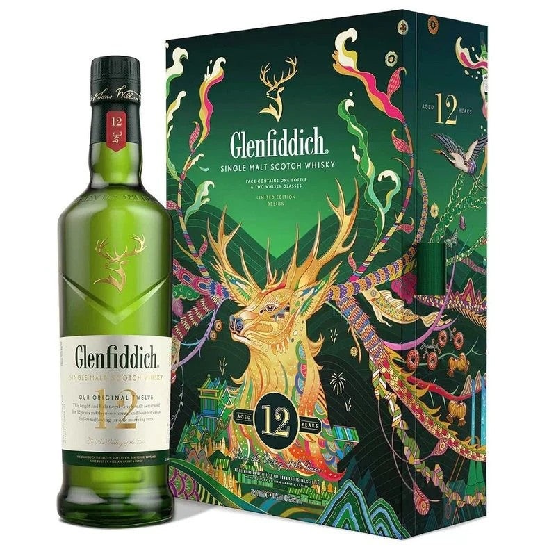 Glenfiddich 12 Year Old ‘Lunar New Year Edition’ Single Malt Scotch Whisky Gift Set w/2 Glasses Gift Pack 750ML BTL WITH 2PCS GLASSES SET
