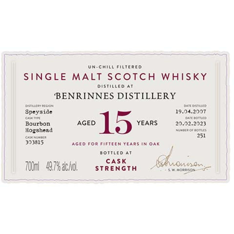 A.D. Rattray Benrinnes Aged 15 Years Single Malt Scotch Whisky 700ML BTL