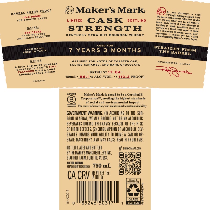Makers Mark Cask Strength Batch 17-04 Bourbon Whiskey