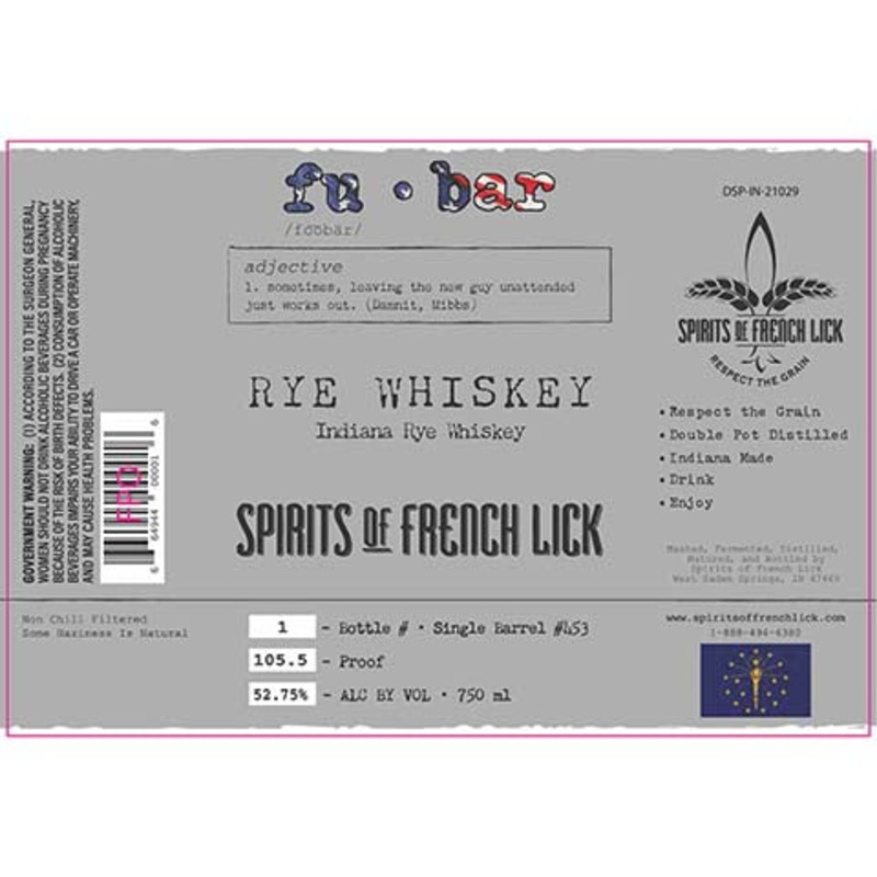 Spirits of French Lick Fu-Bar Indiana Rye Whiskey 750ML BTL
