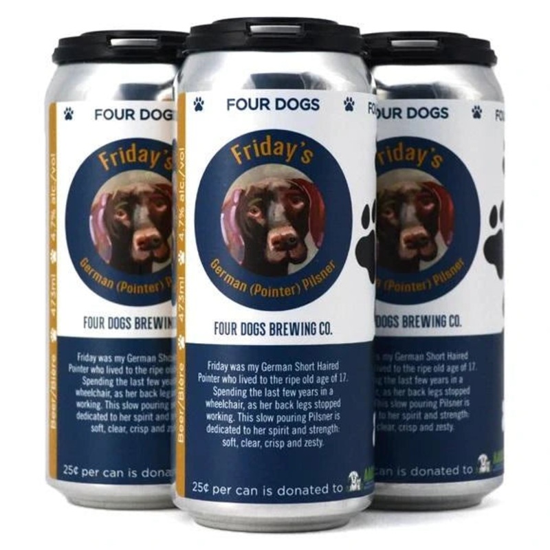 4 DOGS FRIDAYS GERMAN POINTER PILSNER 473ML 4PK CAN @ Windermere [1027991] 1892 ml