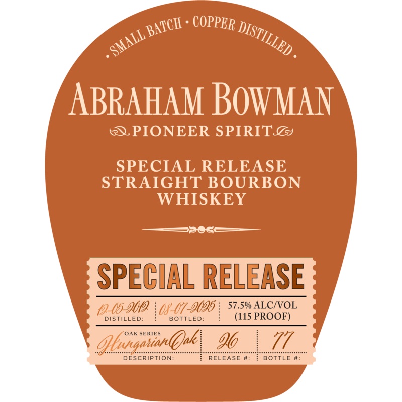 Abraham Bowman Special Release Straight Bourbon Whiskey – Hungarian Oak Series Batch 26