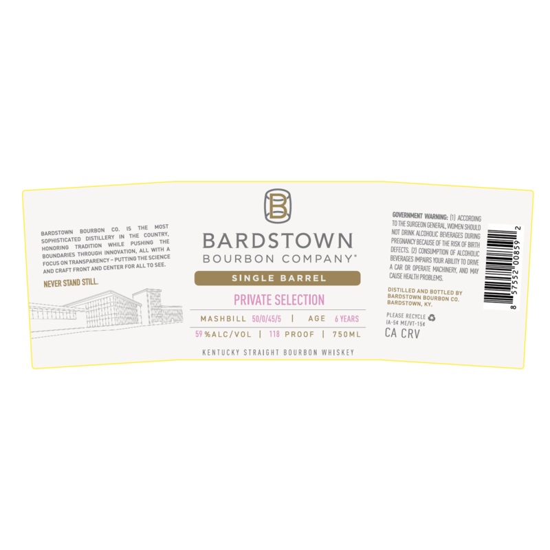 Bardstown Bourbon Company Single Barrel Private Selection Straight Bourbon Whiskey 6 Years Old