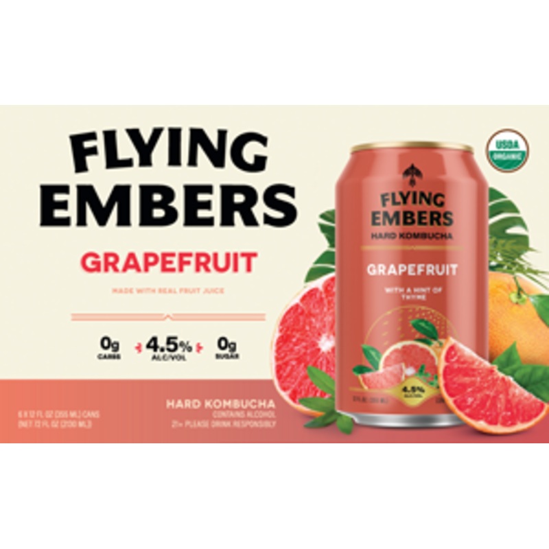 Flying Embers Kombucha Grapefruit 24 – 12oz Cans, 6 Pack