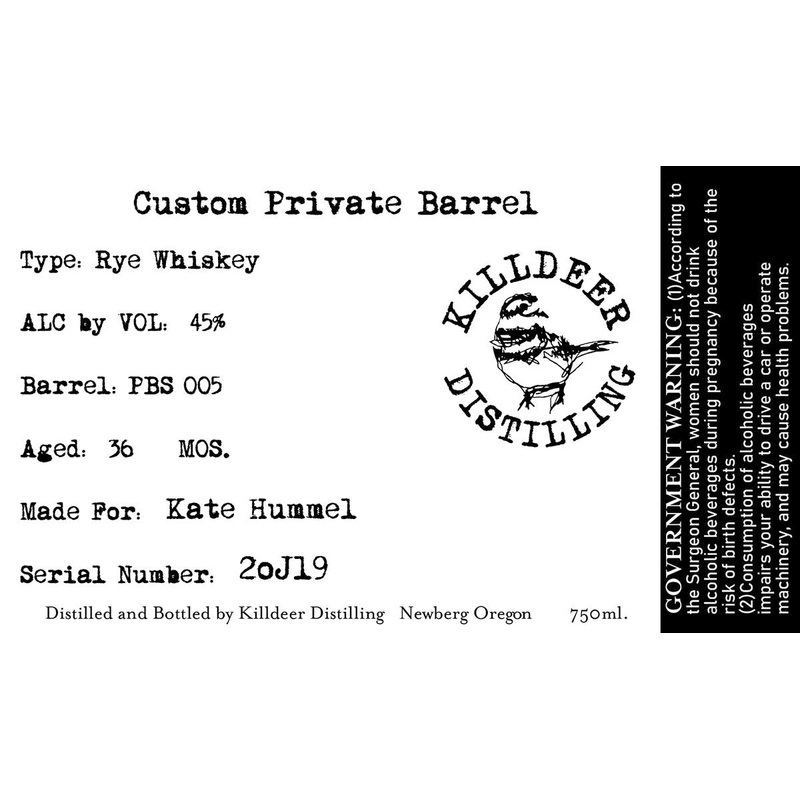 Killdeer Distilling Custom Private Barrel Rye Whiskey