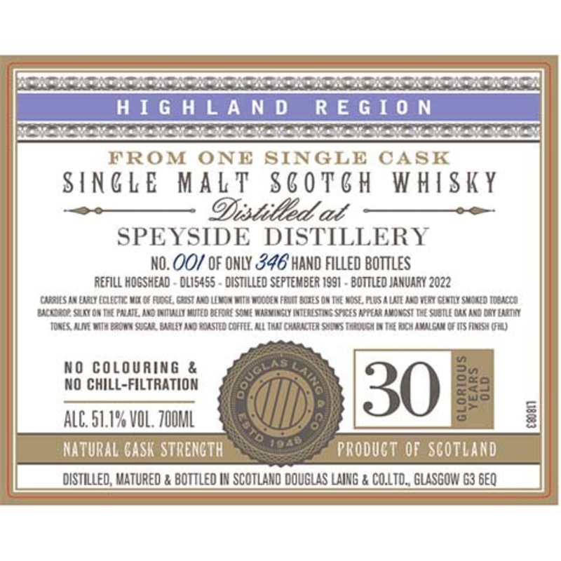 Douglas Laing Single Cask Speyside 30-Year-Old Scotch Whisky 700ML BTL