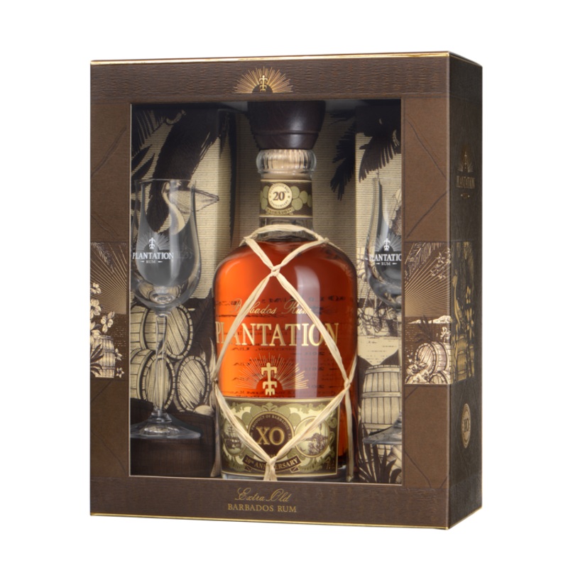 PLANTATION AGED RUM EXTRA OLD 20TH ANNIVERSARY BARBADOS 80 W/ 2 STEM GLASSES 750ML 750ML