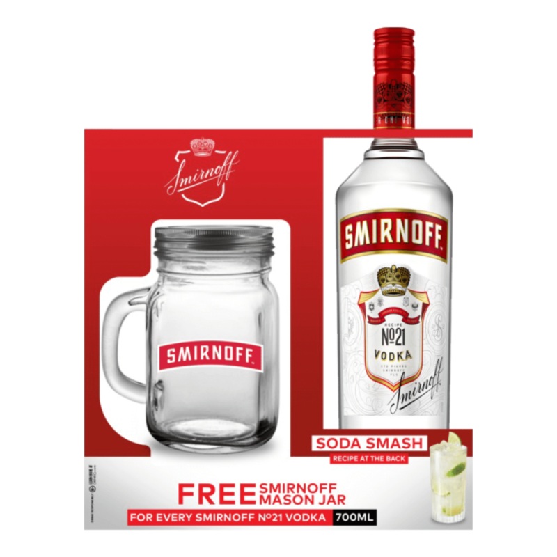 Smirnoff Red Vodka 700ml with FREE Smirnoff Mason Jar Glass
